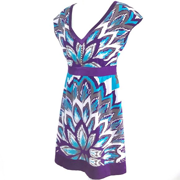 Gianni Bini Boho Dress Purple Aqua Blue White Tan Size 4 Paisley V-Neck - Picture 9 of 9
